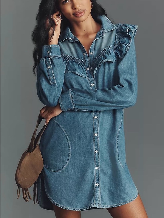 Pilcro Dresses & Skirts - NWT Anthropologie Pilcro Size Large Blue Ruffle Denim Mini Shirt Dress